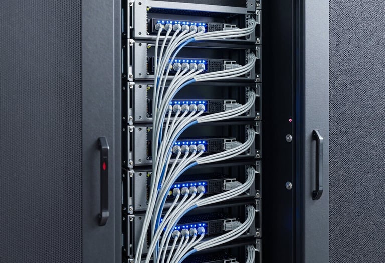Minimalist photography of a server room with clean cabling and glowing blue lights. The composition is geometric and modern, suggesting reliability and high-speed data architecture.
