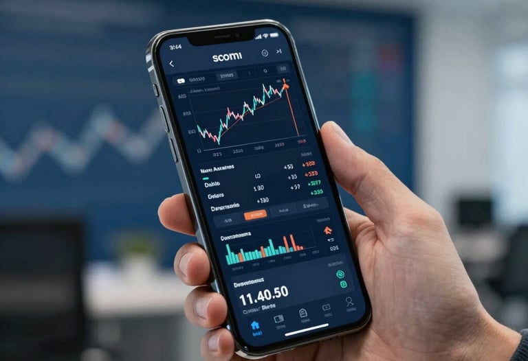 Close-up photography of a professional hand holding a high-end smartphone displaying a complex financial interface. The background is a blurred North American office in deep slate blue and light gray tones.