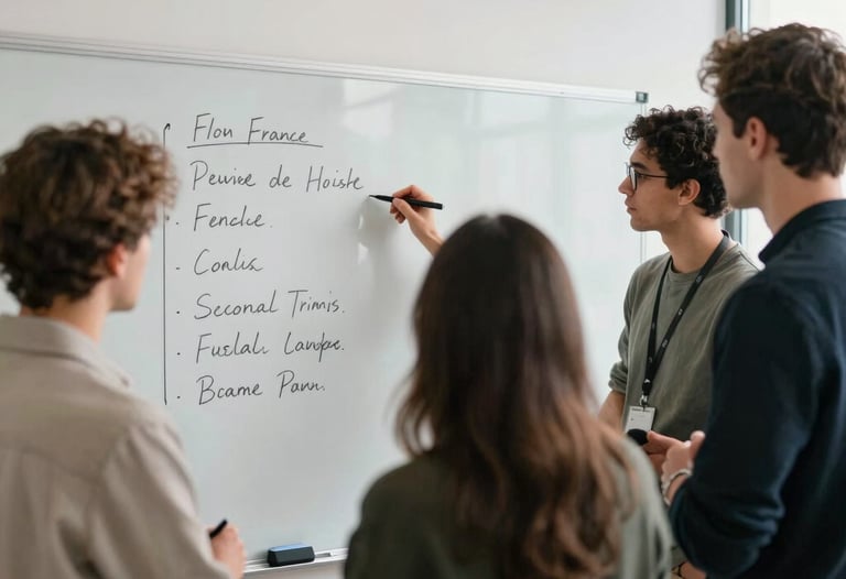 Professional photographer capturing a team brainstorming session around a digital whiteboard in a bright, modern studio in France.