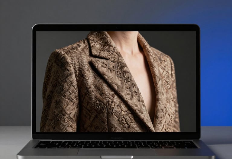 High-fashion photography on a laptop screen, showing a luxury garment with exquisite texture. The background is a minimalist studio with Slate Gray and Royal Blue lighting.
