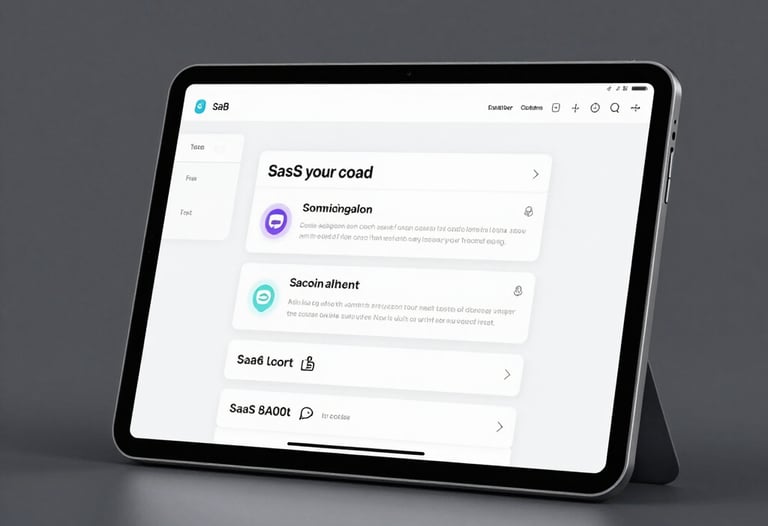 A sleek digital tablet showing a minimalist user interface design for a SaaS platform. Lighting is cool and professional, with a Slate Gray background.