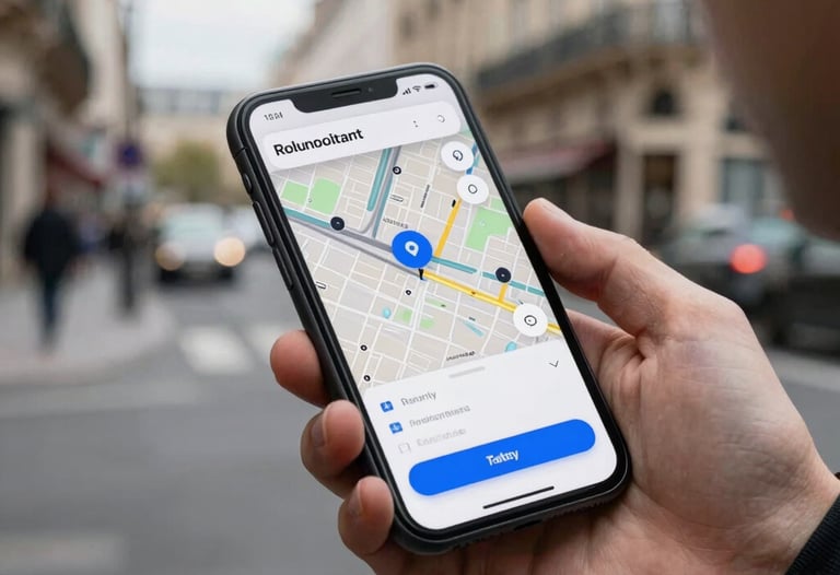 Lifestyle photography of a person using a smartphone on a city street in Paris. The screen shows a modern map-based app with Royal Blue buttons.