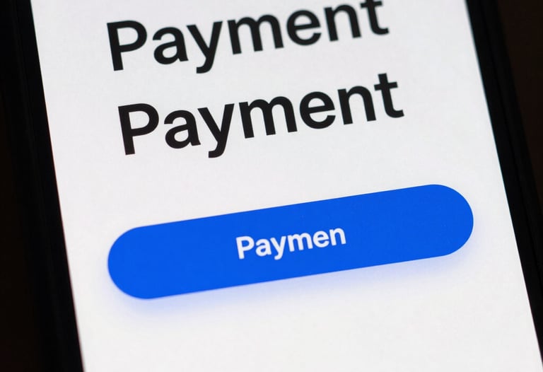 Detail of a minimalist checkout page on a mobile device, showing clean typography and a Royal Blue payment button.