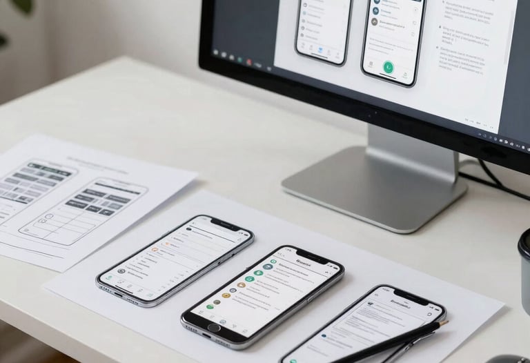 A designer's desk with sketches of mobile app layouts and a high-resolution monitor. Bright lighting, clean environment, Central European style.