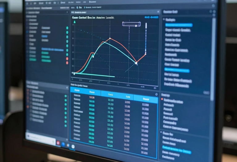 Close-up of a high-performance computer screen displaying a complex data dashboard with Royal Blue and Sky Blue accents. Professional setting in a Central European office.