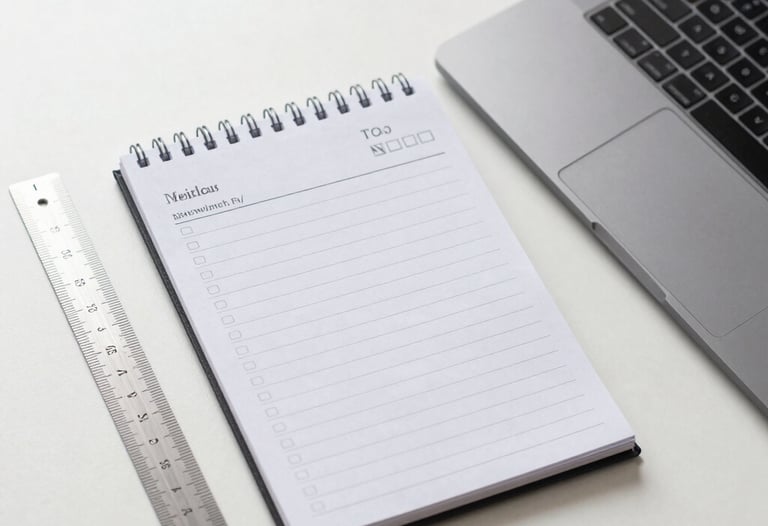 High-angle photography of a perfectly organized work table with a ruler, a notepad with lists, and a laptop, pearl white and slate grey colors.