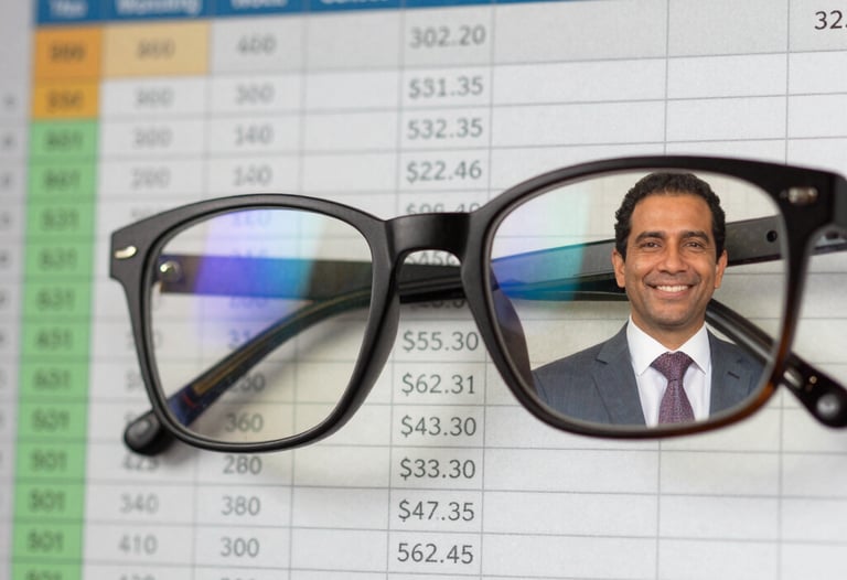 Close-up of a digital spreadsheet with color-coded categories and clean data, reflected in a South American / Brazilian professional's glasses.