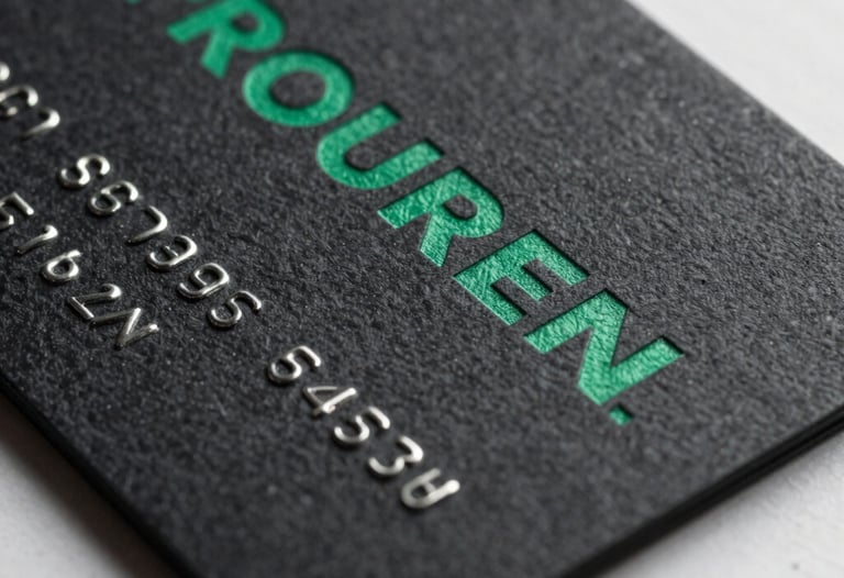Clean macro shot of a sleek black business card with emerald green embossed typography, professional and reliable brand aesthetic.