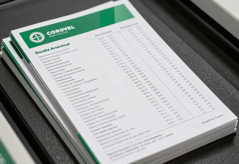 Top-down view of a stack of professionally printed price lists and brochures, crisp edges, vibrant emerald green accents, in a bright South American / Brazilian printing studio.