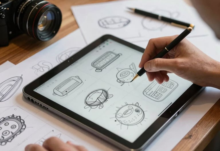 Detailed view of a professional designer's workspace in Brazil, including a digital tablet and organized sketches for a complex graphic product layout.