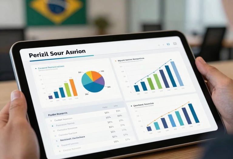 A professional presentation deck opened on a tablet, showcasing clear graphs and structured product lists, soft focus on a South American / Brazilian office background.