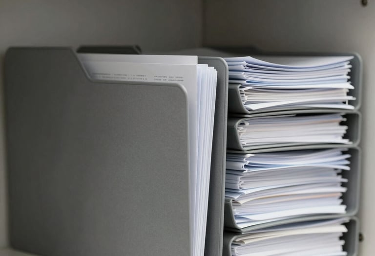 A series of folders and organized documents on a shelf in a minimalist South American / Brazilian office, focus on structural order and professional grey tones.