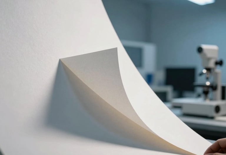Abstract photography of paper textures and geometric shadow play in a printing lab, pearl white and sky blue lighting, South American / Brazilian professional setting.