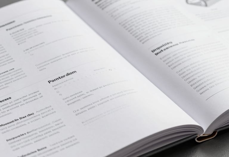 Close-up photography of a printed industrial catalog with high-quality binding and detailed product specifications on its pages. South American / Brazilian studio setting, sharp focus, pearl white and slate grey color palette.