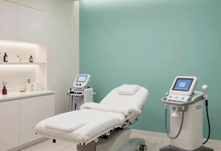 An interior shot of a contemporary North American medical aesthetic room. The space features clean white surfaces, high-tech treatment tools, and a single seafoam teal accent wall with soft lighting.