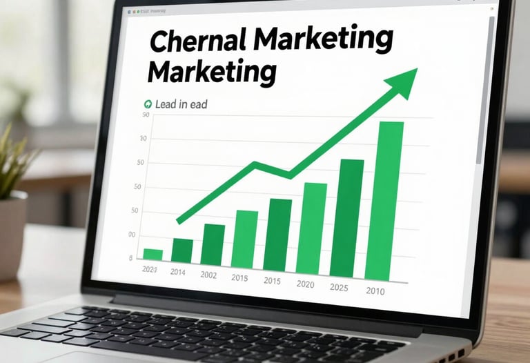 A close-up photograph of a professional marketing report on a laptop screen, showing green growth arrows and increasing lead counts, set in a bright North American office.