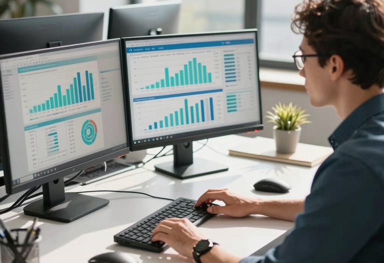 An action shot of a marketing strategist working at a clean desk in a sunlit North American office. Multiple monitors show analytics dashboards with teal and blue accents. The style is modern, professional, and clear.