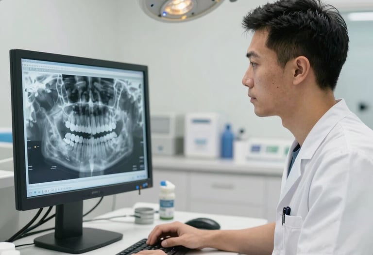 A professional North American male dental professional looking at a 3D dental scan on a computer monitor. The office is clean, bright, and utilizes professional lighting.