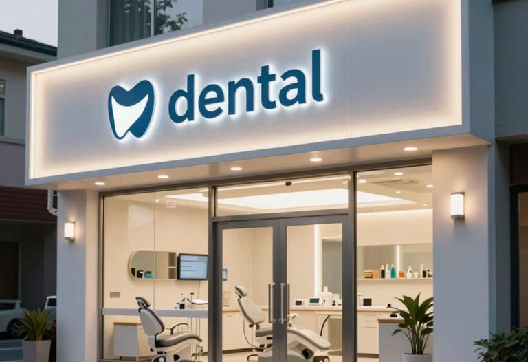 A clean photograph of a modern dental clinic exterior in a upscale North American neighborhood. The signage is professional and lit with soft, warm white lights at dusk.