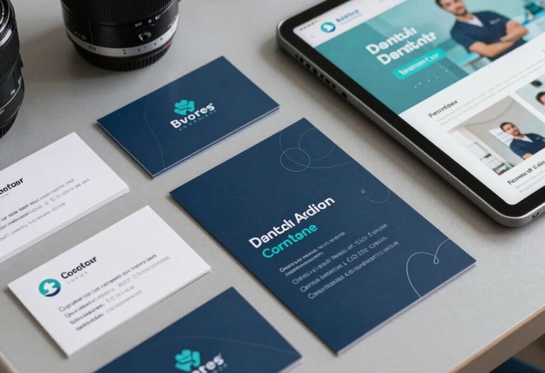 A high-resolution photo of a professional dental branding package on a desk: business cards, a brochure, and a tablet showing the practice's new website, all in a cohesive dark blue and teal theme.