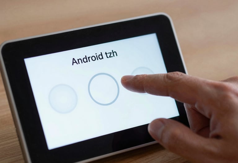 A close-up of a hand interacting with a smart thermostat via an Android app. The interface is clean and modern, featuring easy-to-read typography and simple circular sliders.