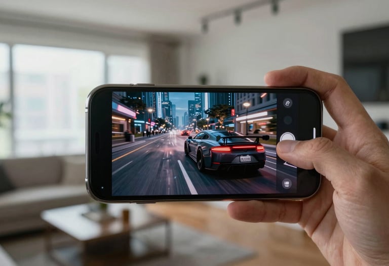 A stylized photograph of a gamer in a modern North American apartment. The focus is on the smartphone screen showing a high-speed car racing through a futuristic city at night.