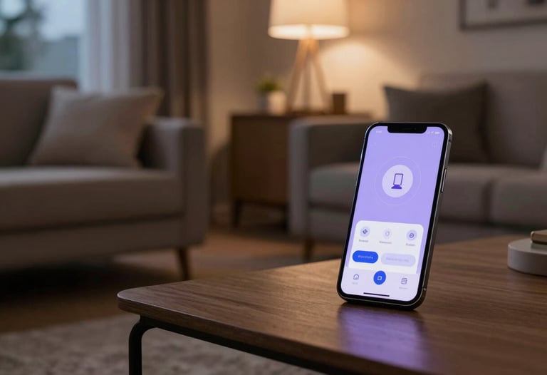 A cozy, warm photography of a modern North American living room at dusk. A smartphone on the coffee table shows a smart home app controlling the ambient lighting in soft lavender tones.