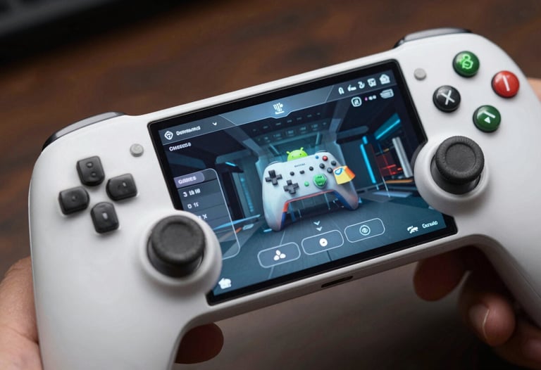 A sharp, clear photograph of an Android gaming controller attached to a phone. The game screen displays a menu with sleek, user-friendly buttons and modern digital graphics.