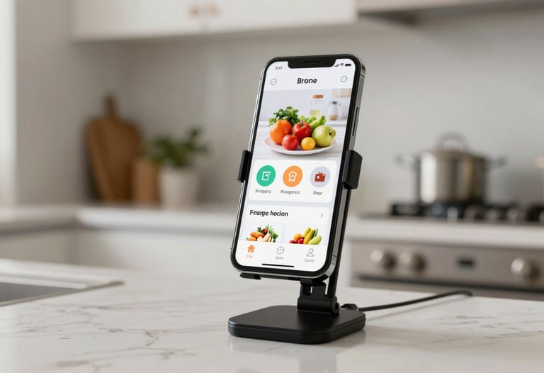 A bright, professional lifestyle shot of a kitchen in the US. A smartphone mounted on a stand shows a grocery integration feature within a smart home app.