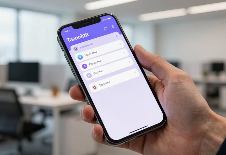 A close-up shot of an Android smartphone held by a person in a bright, modern US office. The screen displays a colorful and sleek task management interface with soft indigo and lavender accents.