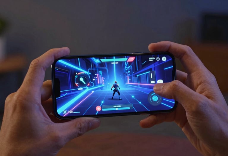 A cinematic action shot of a mobile game being played on a high-end smartphone. Vibrant blue and indigo neon lights from the game interface illuminate the player's hands in a dark, cozy room.