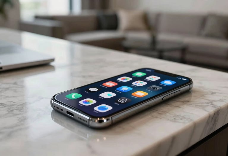 A professional architectural shot of a tech-focused living space in a US city. A smartphone sits on a marble countertop, its screen glow reflecting a user-centric design with modern icons.