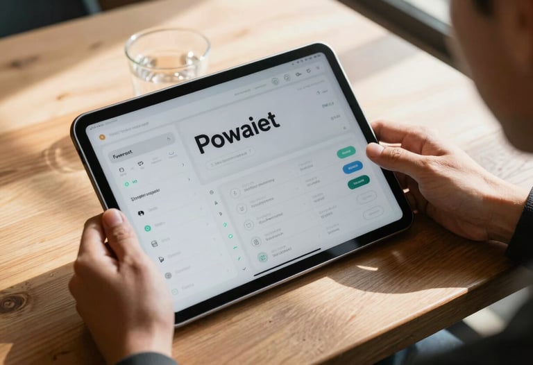A top-down lifestyle photograph of a person using a tablet in a sunlit North American cafe. The screen shows a modern productivity dashboard with clean typography and intuitive navigation.