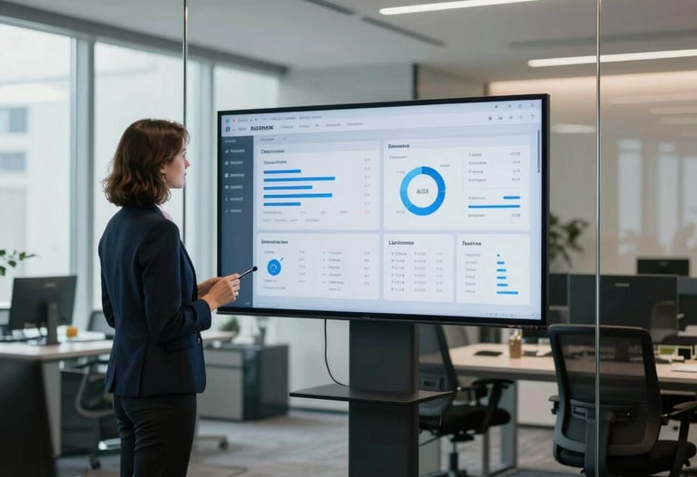 Close-up of a user interacting with the AiCore Desk on a laptop in a modern office setting.