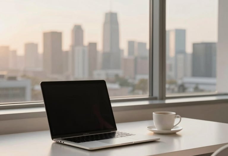 A clean, minimalist workspace with a laptop, a coffee cup, and a window overlooking a modern city skyline at sunrise. Tan and off-white tones.