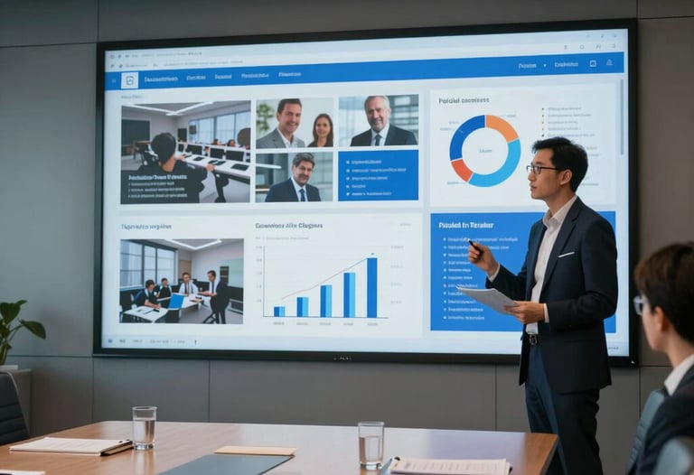 A professional presentation being given in a high-tech boardroom. The screen shows dynamic social media analytics. Steel blue and tan color palette. International corporate environment.