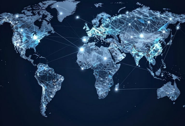 An abstract image showing a network of light, symbolizing global connectivity and digital innovation. Dark navy and steel blue colors.