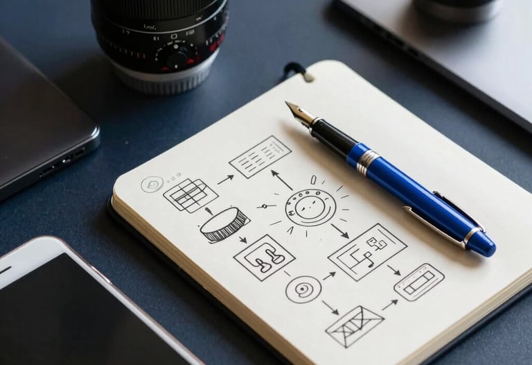 Professional flat-lay of modern digital devices, a notebook with strategy diagrams, and a steel blue fountain pen on a dark navy surface.