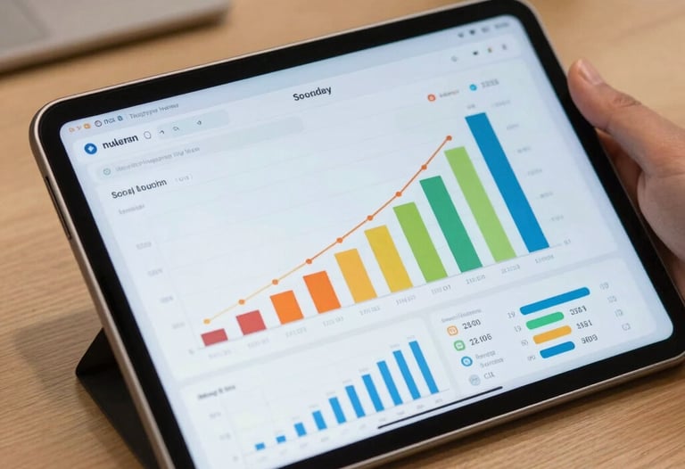 A detail shot of an high-end tablet showing a social media dashboard with vibrant growth charts. Tan and steel blue accents. International office setting.