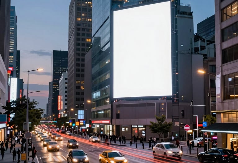 A vibrant city at dusk with light trails of traffic, representing the fast-paced nature of modern advertising and digital innovation. International.