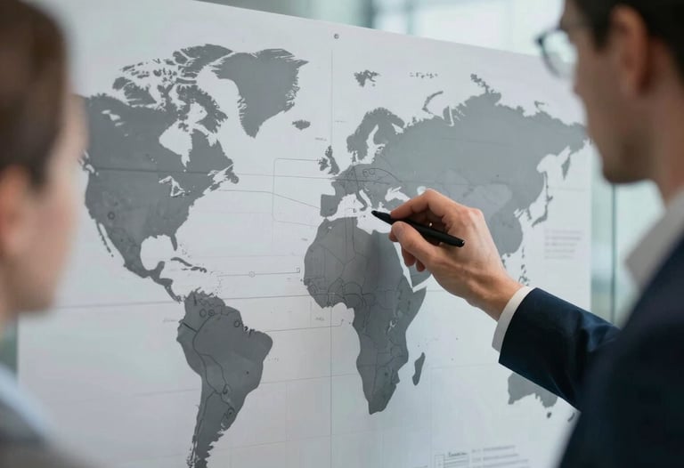 Close-up of a team analyzing complex strategy maps on a glass wall, cinematic lighting, dark navy and light grey tones. International.