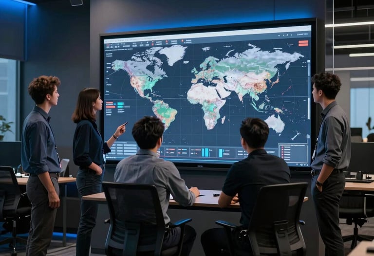 A professional team collaborating around a large digital display in a modern, dark-themed office. Accents of steel blue lighting. International setting.