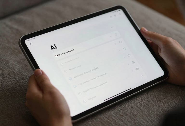 Close-up of a digital tablet showing a minimalist accordion UI with AI tips, held in a hand over a high-end textured fabric surface.