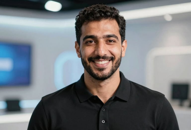 Close-up portrait of a modern Middle Eastern male professional with a friendly smile, wearing a sleek black polo shirt, in a brightly lit digital studio with soft blue bokeh highlights.