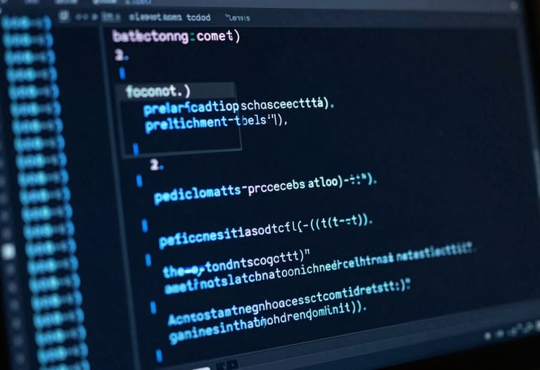 A dark-mode terminal screen with glowing neon blue lines of code and a central command prompt, shot from a slight angle.