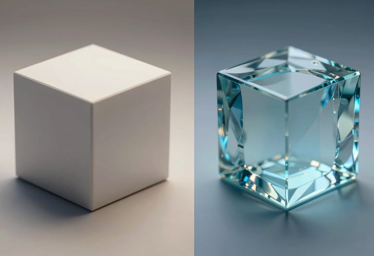 Split screen photo: left side shows a low-poly 3D cube; right side shows the same cube rendered into a hyper-realistic glass sculpture with blue light.