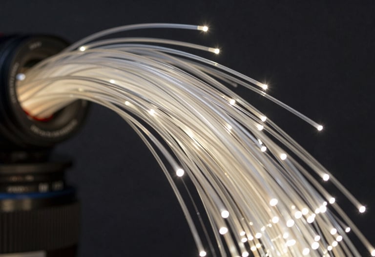 Hyper-detailed photography of a glowing fiber-optic cable network, symbolizing high-speed tech news and data flow.