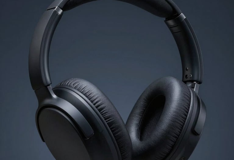 Close-up of premium, minimalist headphones with a matte black finish against a dark blue grey background. Dramatic studio lighting highlighting sleek textures in a North American / International style.
