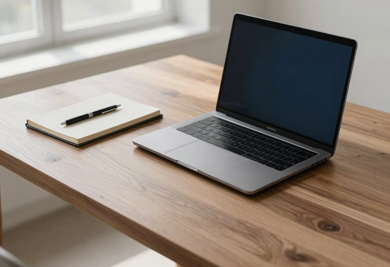 A minimalist and sophisticated high-angle photograph of a modern, uncluttered workspace. The scene features a sleek laptop on a polished wooden desk, alongside a precisely organized notebook and pen. Soft, diffused natural light streams in from a large window, creating subtle shadows and highlights. The color palette is dominated by neutral tones of white, beige, and dark gray, with subtle touches of deep blue. The composition is clean and airy, conveying professionalism and calm. North American / International style.