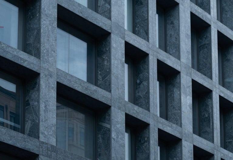 Clean, sharp detail of a modern architectural facade with repeating geometric patterns. Dark blue grey and slate tones, North American / International style.